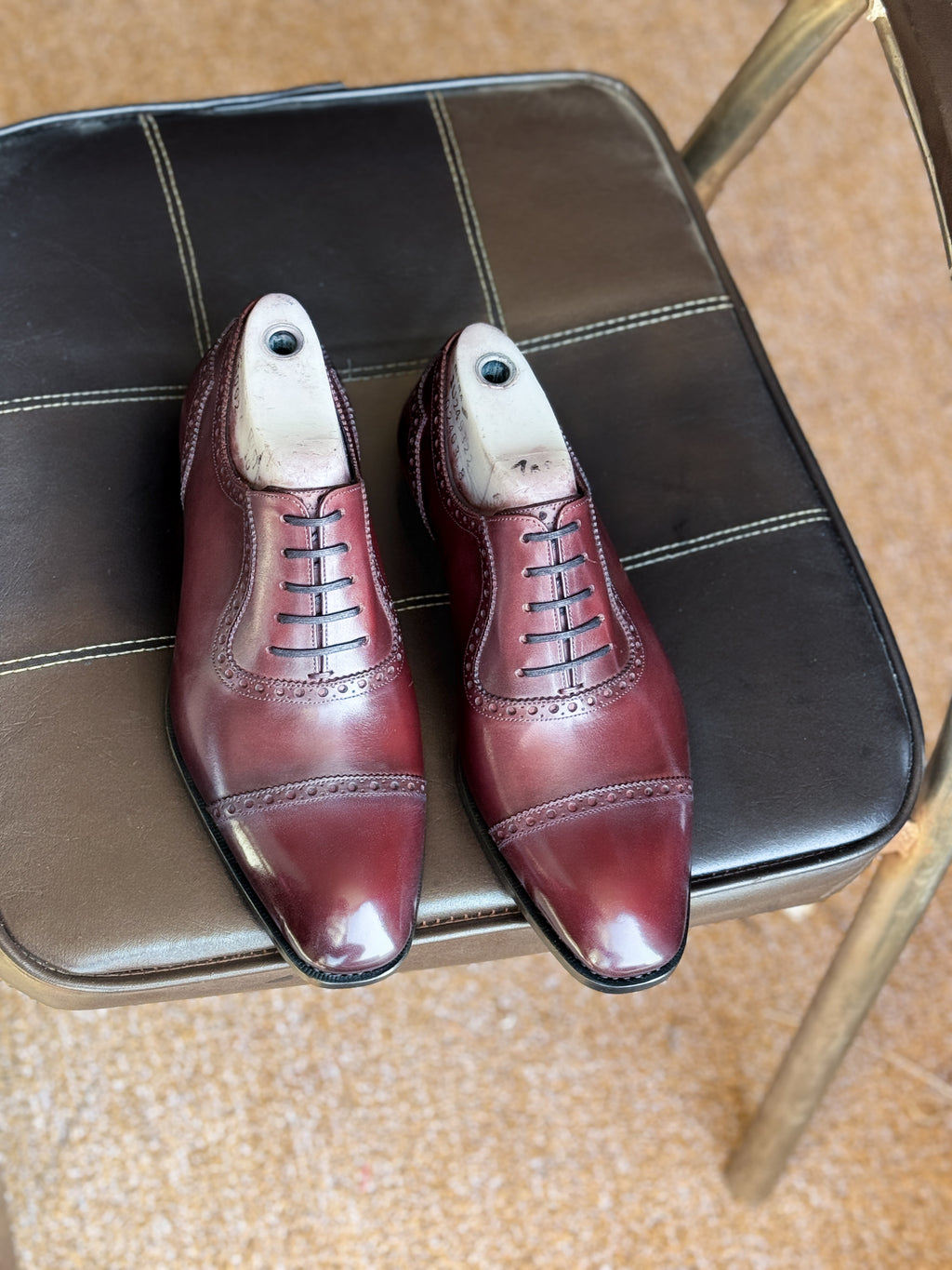 Burgundy black brogue captoe oxfords