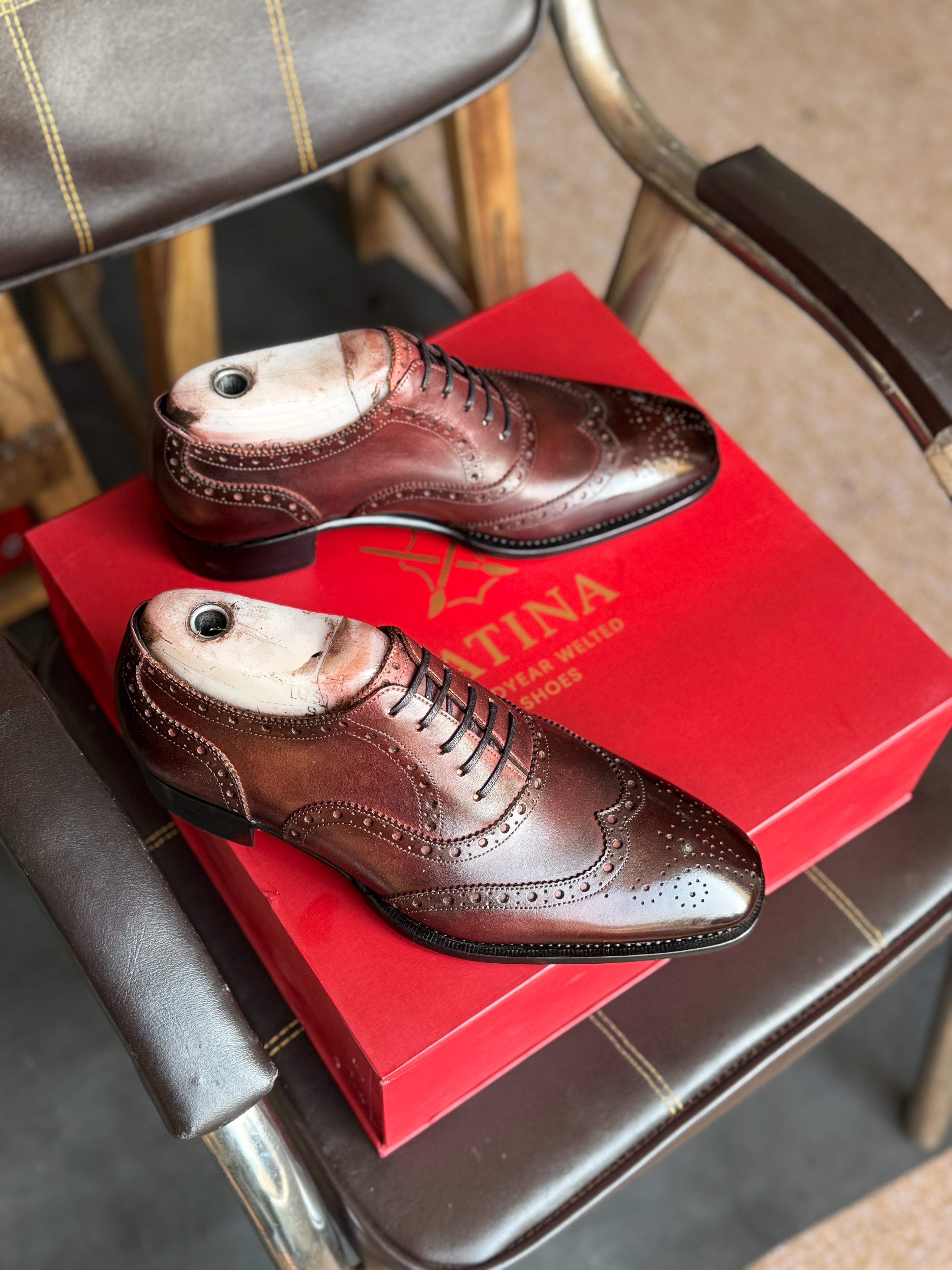 Burgundy black wingtip oxfords