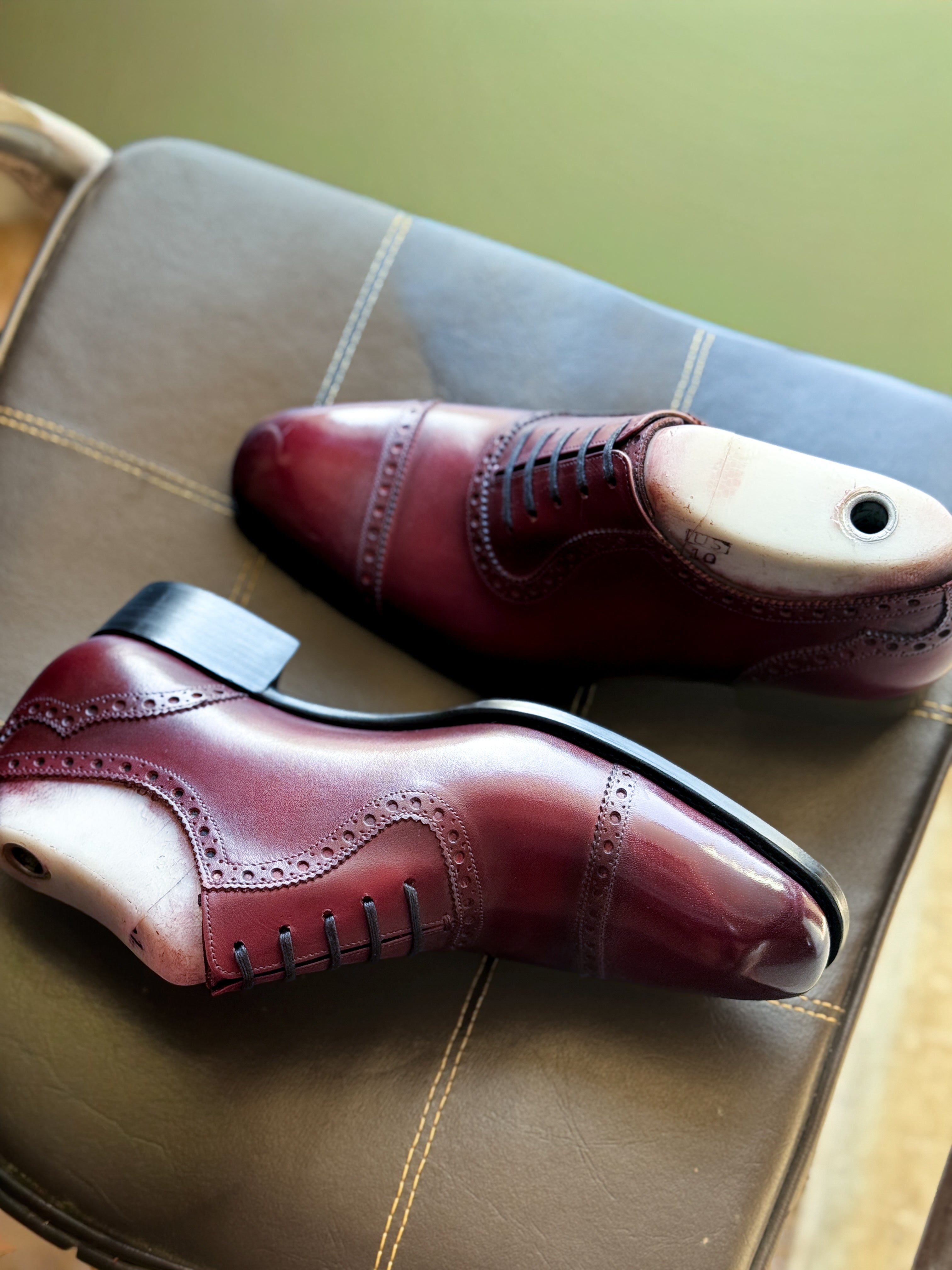 Burgundy black brogue captoe oxfords