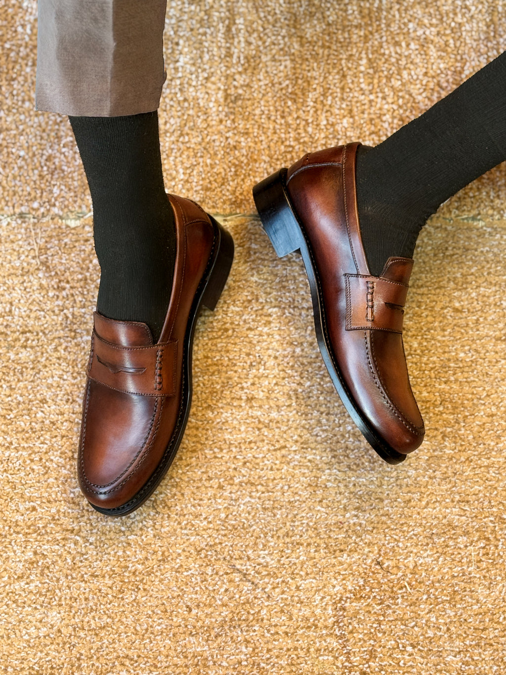 Brown patina penny loafers