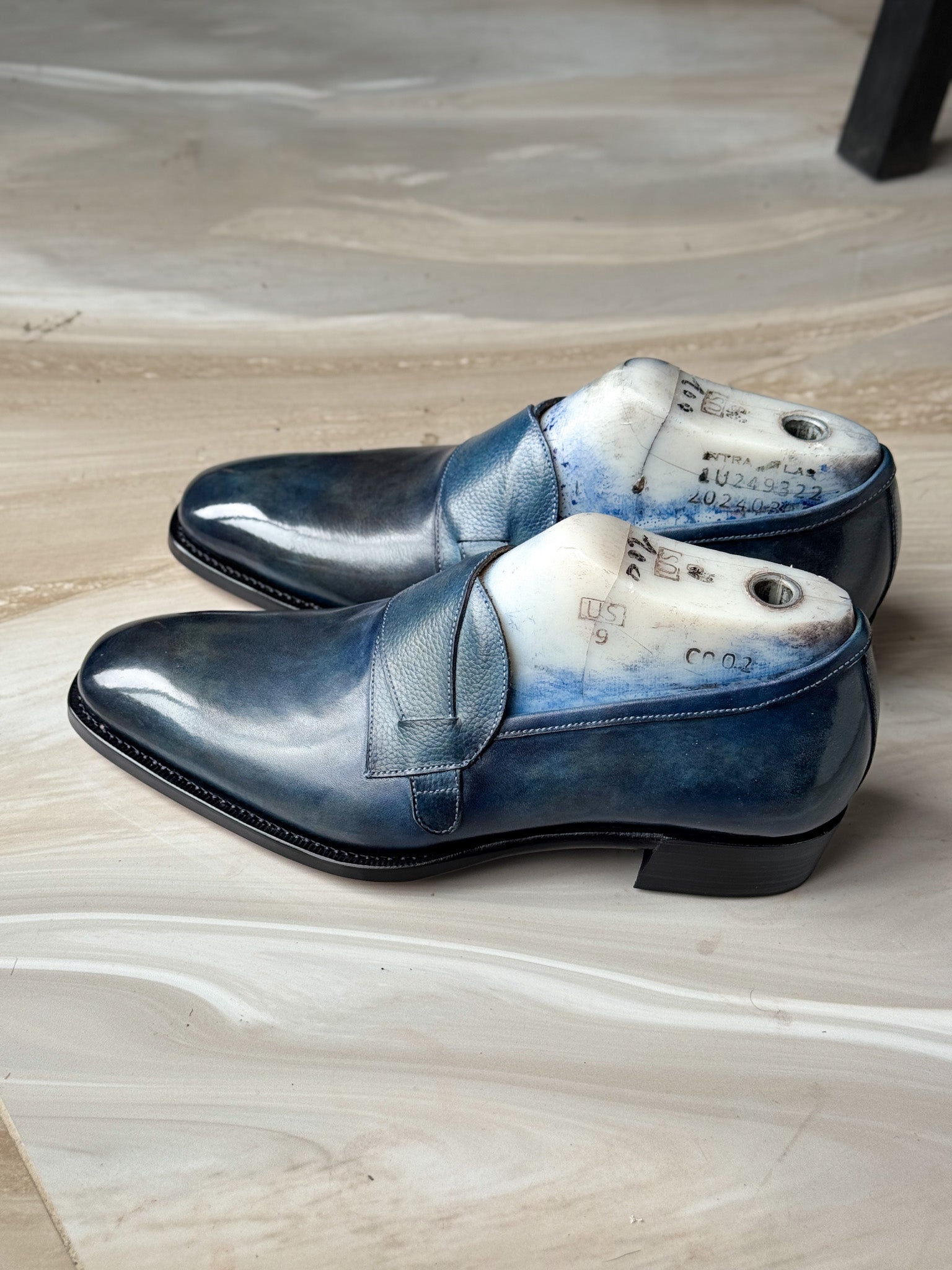 blue patina loafers