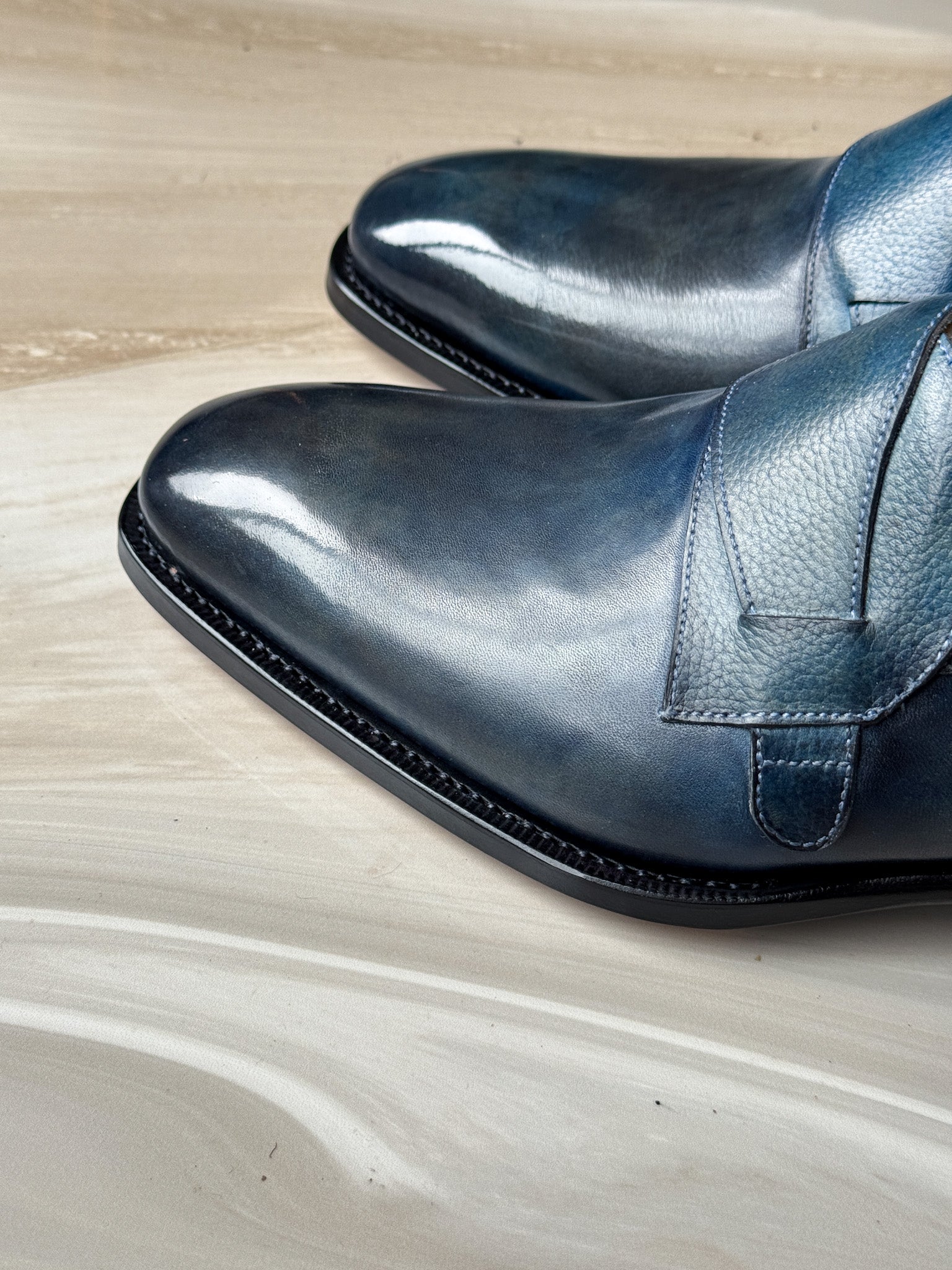 blue patina loafers